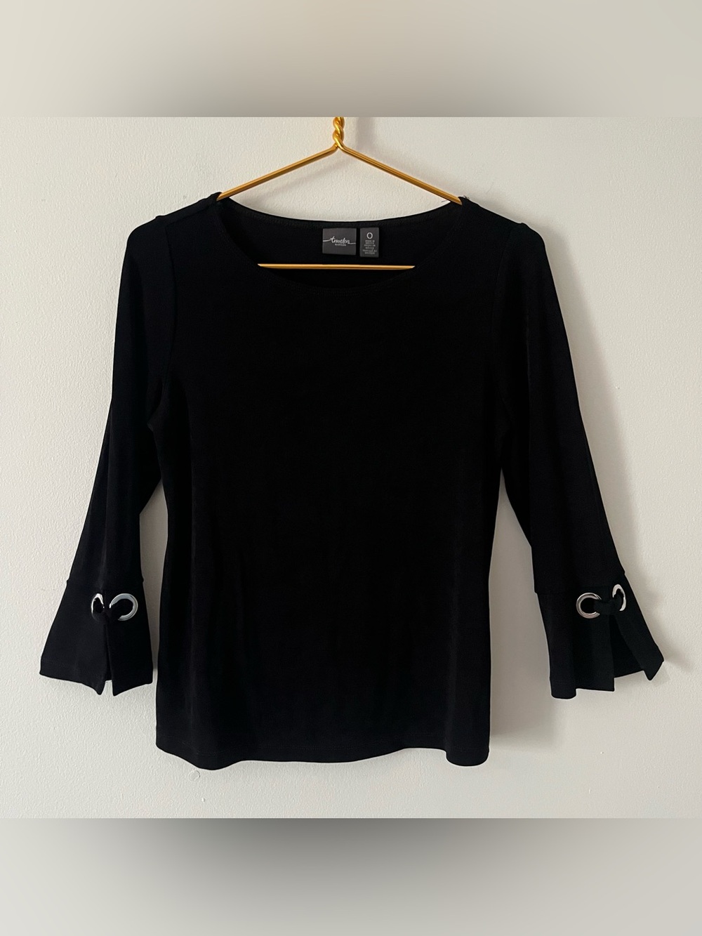 Chico’s Travelers Black Top Grommet Bell-Sleeve Capsule Career Office Sz S 2-4